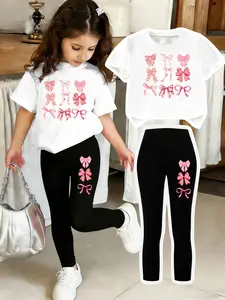 Bow Print Set for Girls, 2-Piece Casual, Slim Fit T-Shirt and Pants, Comfortable Elastic Waist, Ages 4-12, Spring Summer Wear