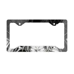 Manga Saiyan Cyber Eyes Metal License Plate Frame Black & White Glossy Aluminum Silver Backing Anime Battle Graphics 12.3" x 6.5"