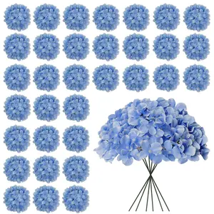 30 Pieces Blue Hydrangea Artificial Flowers, Fake Silk Flower Heads with Stems, Decorative Wedding Decoration, Fake Plant, Lifelike Artificial Flower