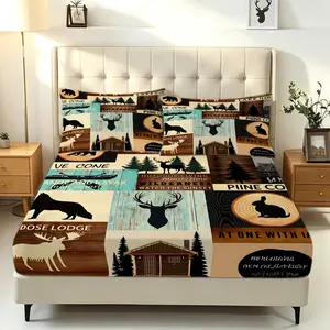American‑Style Wilderness and Country‑Themed Printed Fitted Sheet Set; Outdoor Wildlife‑Themed Fitted Sheet Set; Made from Soft, Skin‑Friendly Fabric That Fits Snugly Around the Mattress to Prevent Slipping, Effortlessly Creating a Natural Home Atmosphere