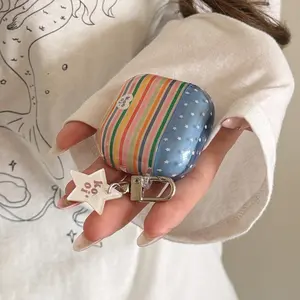 Korean Style Colorblock Stripe Star Pendant Earphone Case, AirPods Pro 2 Protection Cover, Cute Apple AirPods 4 Simple Design