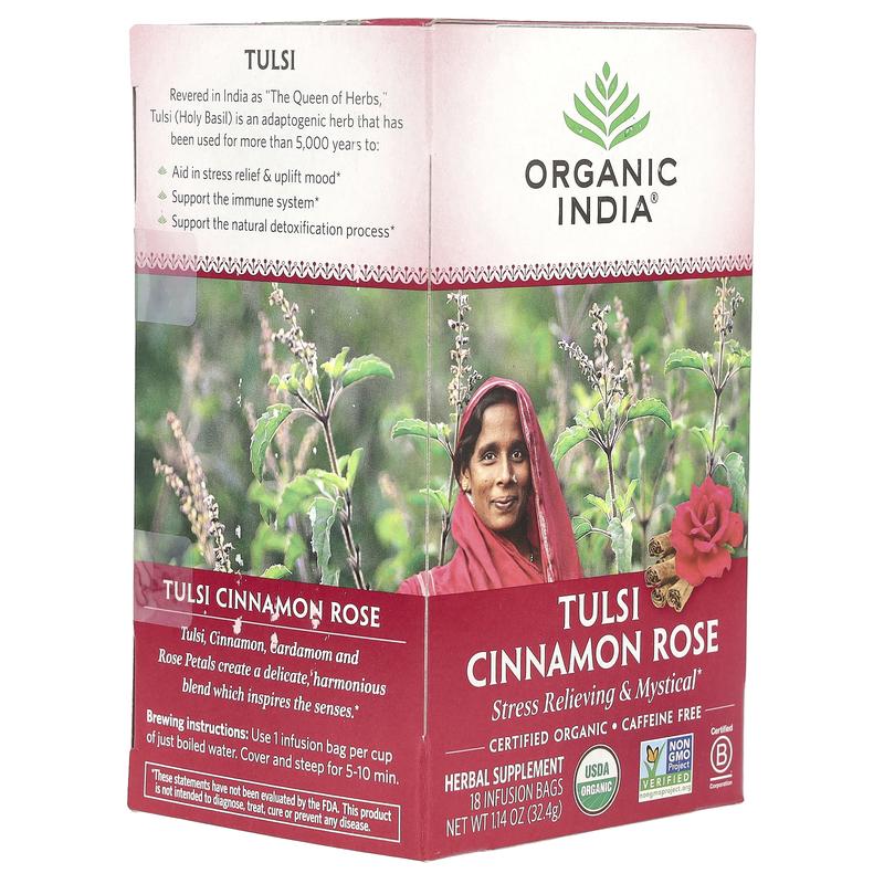 Organic India Tulsi Cinnamon Rose Tea, Caffeine-Free, 18 Infusion Bags, 1.14 oz (32.4 g)