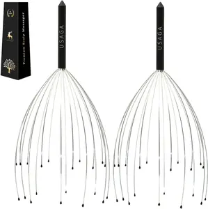 USAGA Head Massager – 20 Finger Scalp Scratcher for Relaxation, Stress Relief Gift (Black 2-Pack)