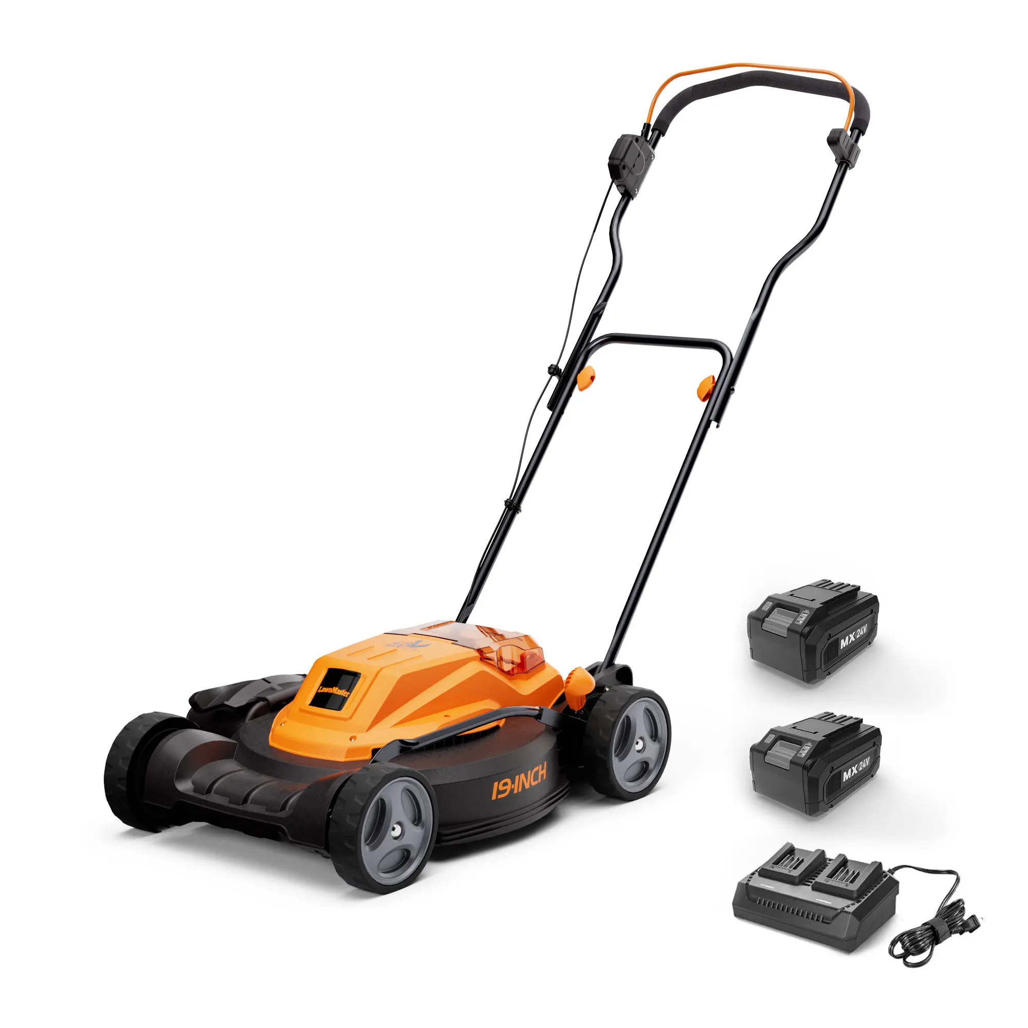 LawnMaster 48V MAX 19-in Brushless Cordless Lawn Mower (Cordless Power Tools) - 2x24V MAX 4.0Ah Batteries, Dual Charger, Foldable Handle, 6 Cutting Positions