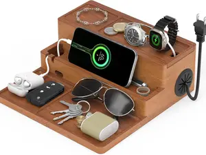 Assembly-Free 3-Layer Wood Nightstand Organizer with Charging Station USB Ports & Valet Tray for Men Desk Docking Station for Phone Watch & Accessories Nice Gift