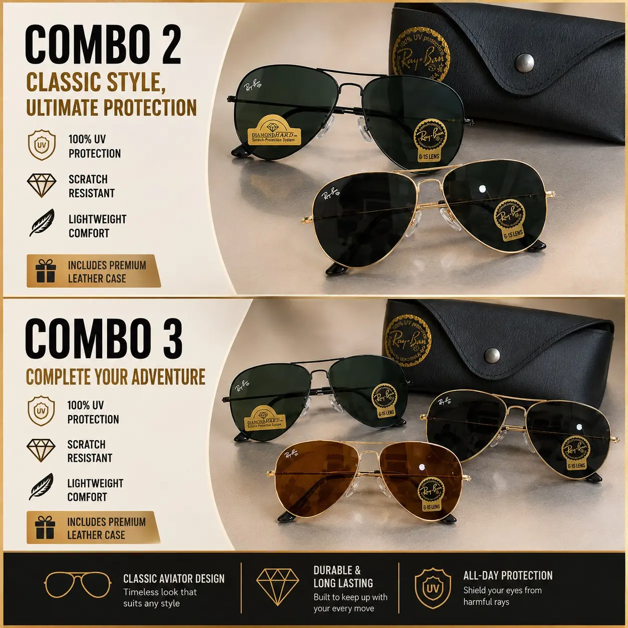 Ray-Ban Aviator Pilot Sunglasses Gold Frame Green Glass Lens Lightweight UV400 Outdoor Shades for Men Women