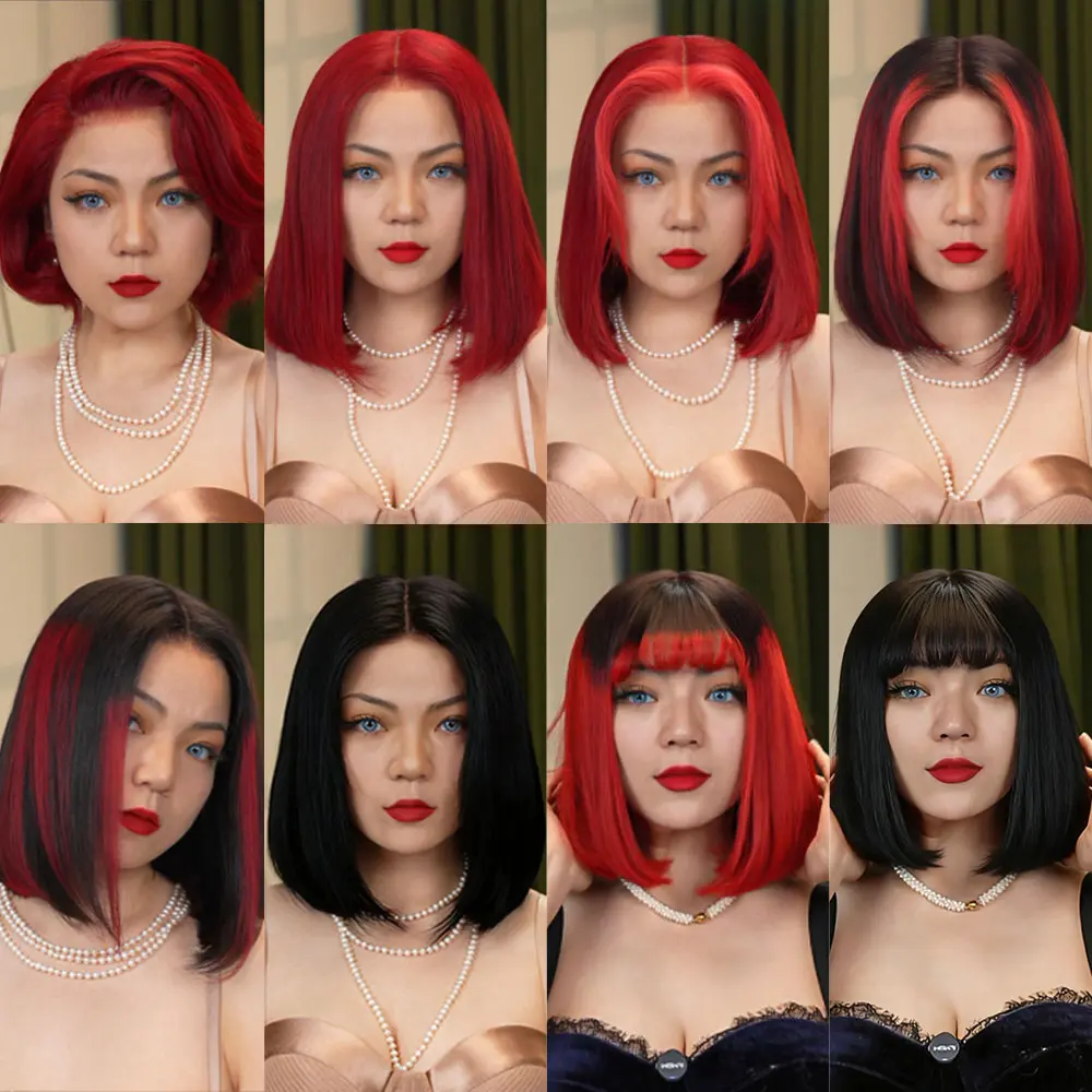 [Clearance Sale] FF WIG Black & Red Silky Straight Raw Human Hair Glueless Wig 10 Inches 9*6 7*5 Pre-Cut Invisible Lace 250% Density Wear Go Wig with Special Drawstring