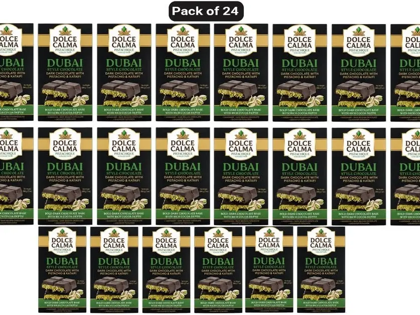 Dolce Calma Dark Dubai Chocolate Bar Ships With Two Ice Gel Packs (100g / 3.5oz) – Authentic Handmade Belgian Chocolate with Turkish Pistachio & Crispy Kataifi, Kunafa Filling, No Palm Oil, Pack of 24