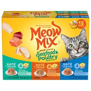 Wet Cat Food Pate and Shreds Variety Pack Seafood Poultry 2.75 oz Cups 12 Pack