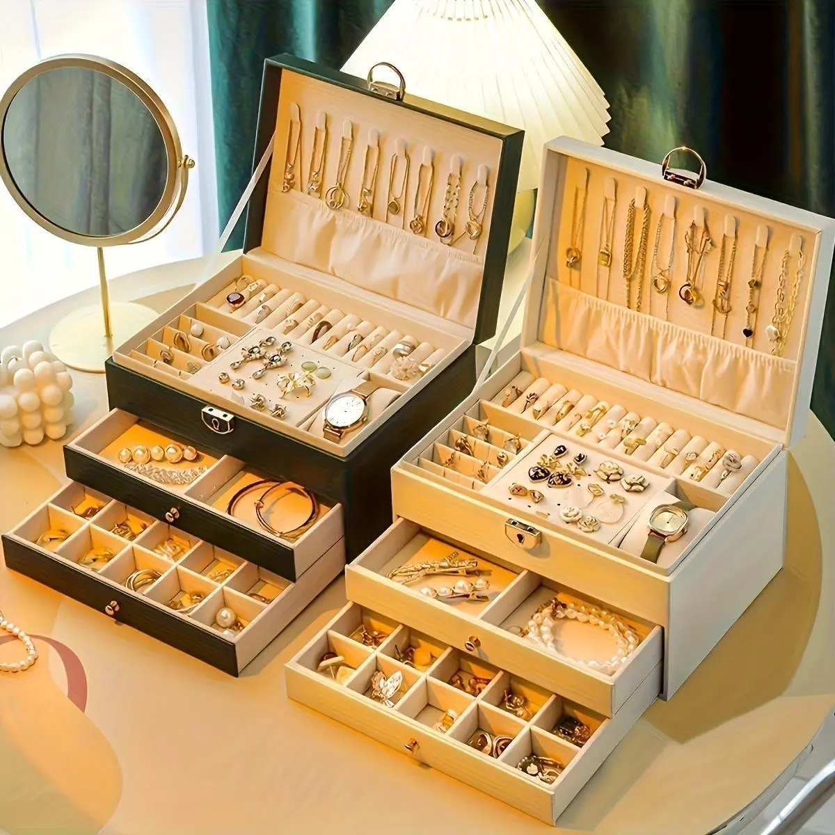 Jewelry Storage Box, 1 Count Portable Elegant Dustproof Organizer Jewelry Organizer Exquisite Multi-layer Necklace Earring Rings Bracelet Organizer Display Box with Mirror, Jewelry Boxes, Large Capacity Jewelry Storage Box for Indoor & Outdoor