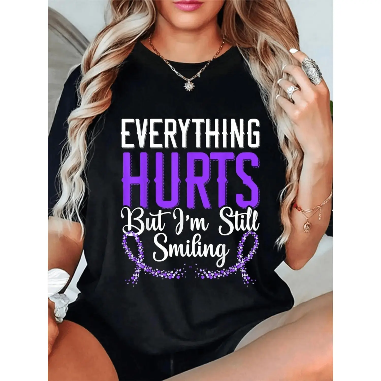 Men's 100% Cotton Crew Neck Fitted Short Sleeve Top - Women's Unisex Lupus Awareness Graphic T-Shirt, Black, Purple Lettering, Floral Accents, Machine Washable, Casual All-Season Golf Gift, Shortsleeve, Round Neck