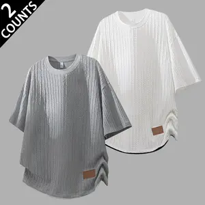 Men's Luxury Cable Knit Oversized Round Neck Tshirt - Menswear Knitwear Relaxed Drop Shoulder Casual Top with Curved Hem, Minimalist Leather Patch Detail for Streetwear