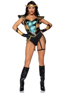 Loki Babe Costume - Green Bodysuit with Gold Detailing & Stretch Headband for Halloween & Costume Parties