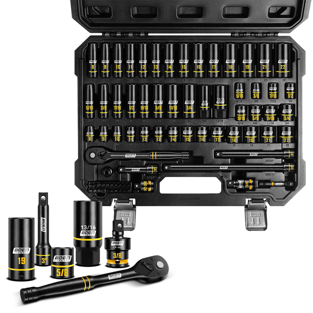 boen 3/8" Drive Impact Socket Set, 74PCS Metric (8-22mm) & SAE (5/16"-3/4"), 6-Point Deep Shallow Socket Set with Ratchet, Extension Bars, Spark Plug Sockets, Adapters, Yellow Embossed Marking, CR-V