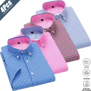 4-pack men’s classic small check casual short-sleeve shirts, American casual business commuter style, breathable, skin-friendly, soft fabric that feels cool and doesn’t trap sweat, classic buttoned turn-down collar design enhances neck lines, fine contras