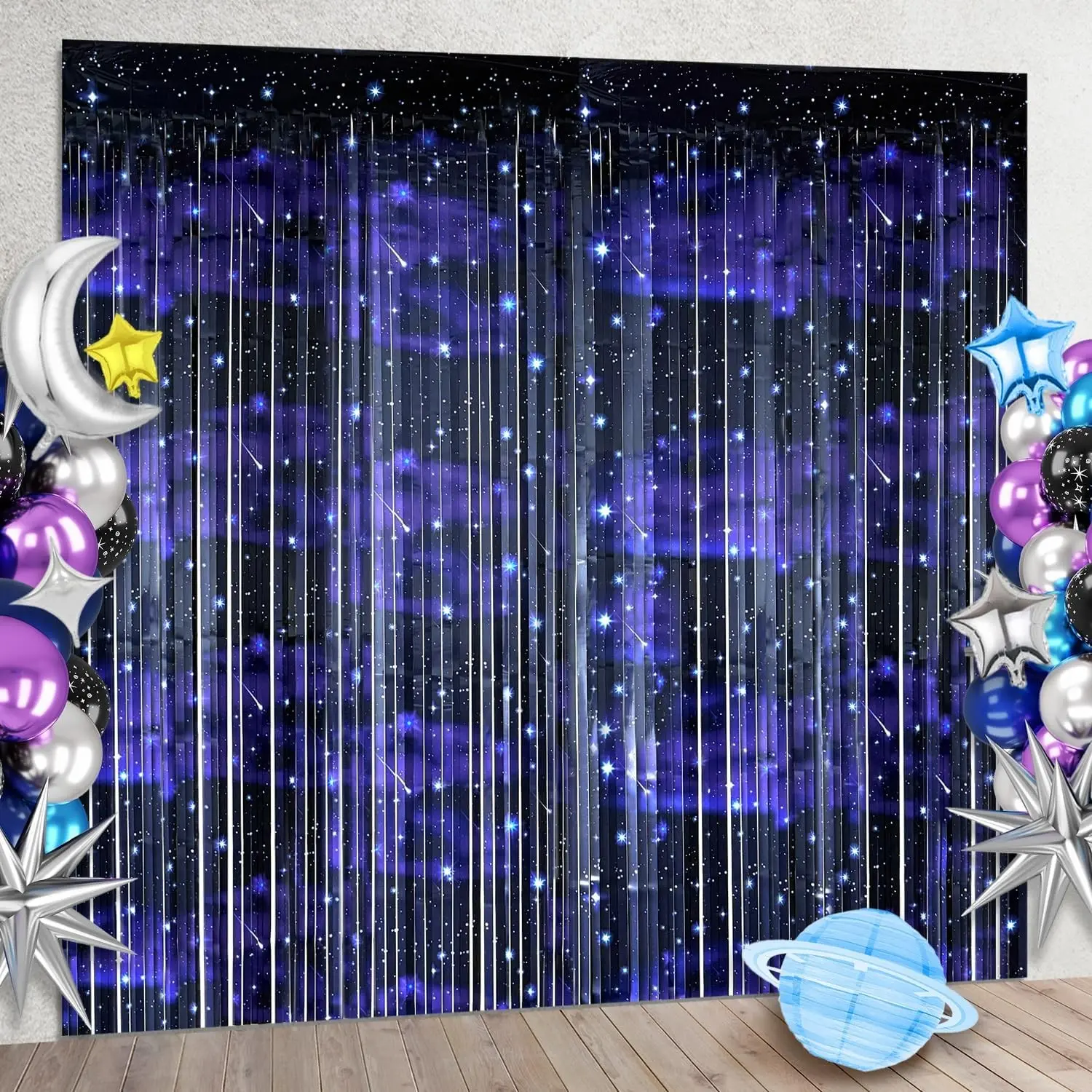 2 Pcs Galaxy Foil Curtains Backdrop for Space Themed Party Decorations, Iridescent Tinsel Curtains Blue Streamers for Space Astronaut, Music Birthday Party Decorations