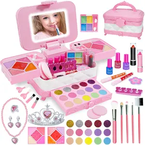 60 in 1 Kids Makeup Kit, with 3-Color Led Makeup Mirror Real Washable Kids Makeup Sets for Girls, Perfect Girl Birthday Gift, Age 3+