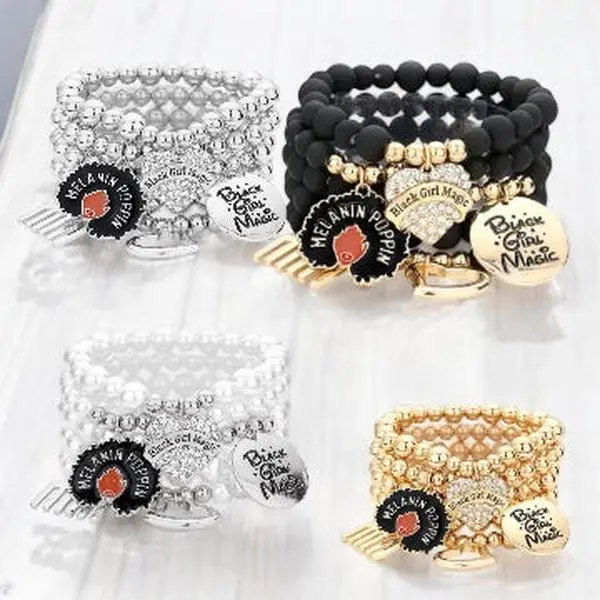 5PCS - Black Girl Magic Various Charm Layered Stretched Bracelets