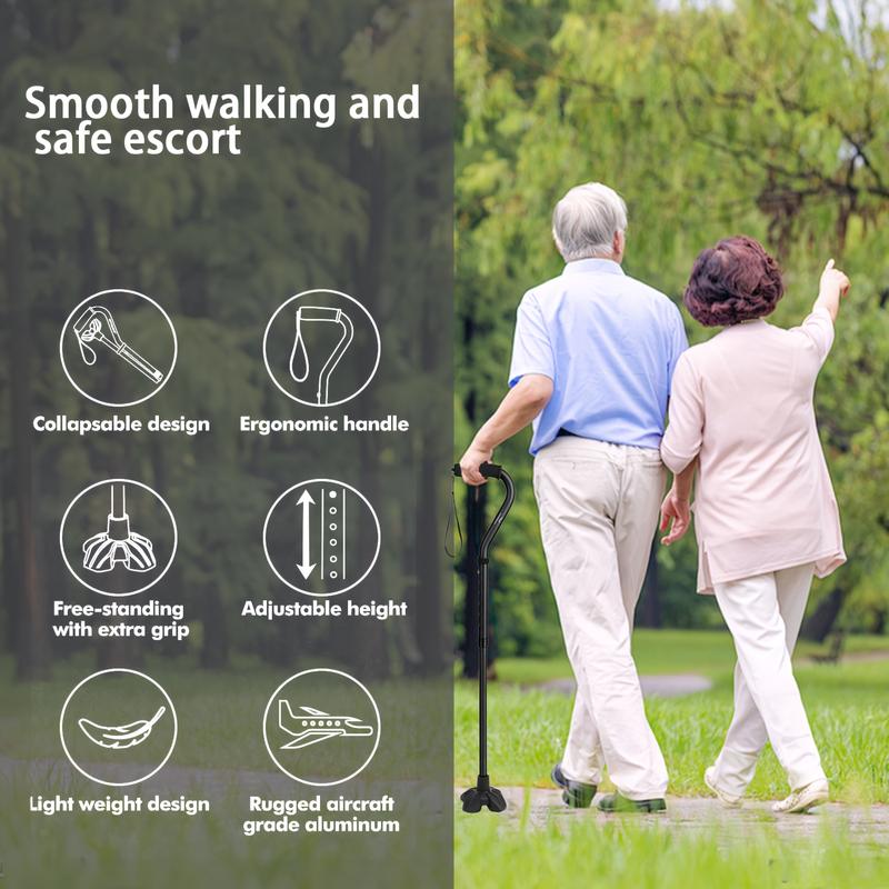 Walking Cane for Men and Women - Stand Alone Folding Cane with Wrist Strap, EVA Foam Handle and Wide Quad Base for Stability, Lightweight Support for Seniors & Elderly
