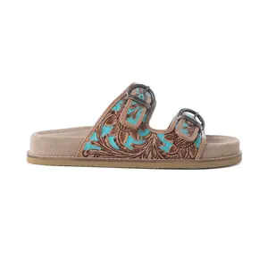 Myra Meadow Sky Handtooled Leather Sandals in Sagewave Blue