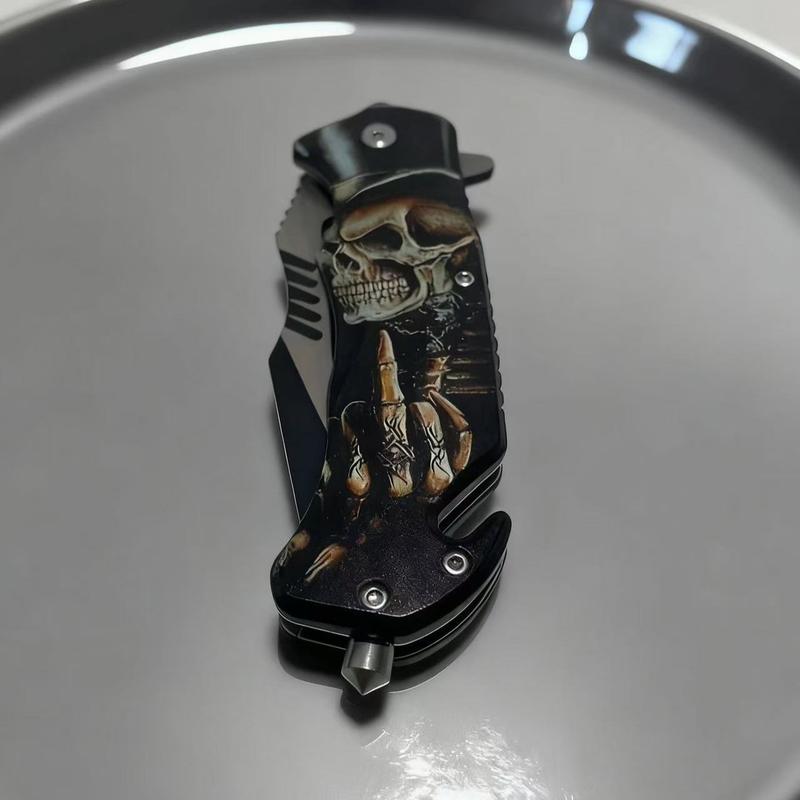 Stainless Steel High-Hardness Multi-Function Folding Knife with Skeleton Ghost Head Pattern, Portable Rope Knife and Glass Breaking Function, Unique Design, Perfect for Camping, Fishing, and Outdoor Exploration, Christmas and Halloween Gift