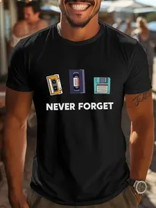 Men's Retro 'Never Foret' Cassette and Floppy Isk Pattern Nostalic T-Shirt, Suitable For0s And0s Computer and Music Enthusiasts- Casual Retro Clothin, Classic Printed Shirt, Hih-Quality Printin, Urable, Washable Blend