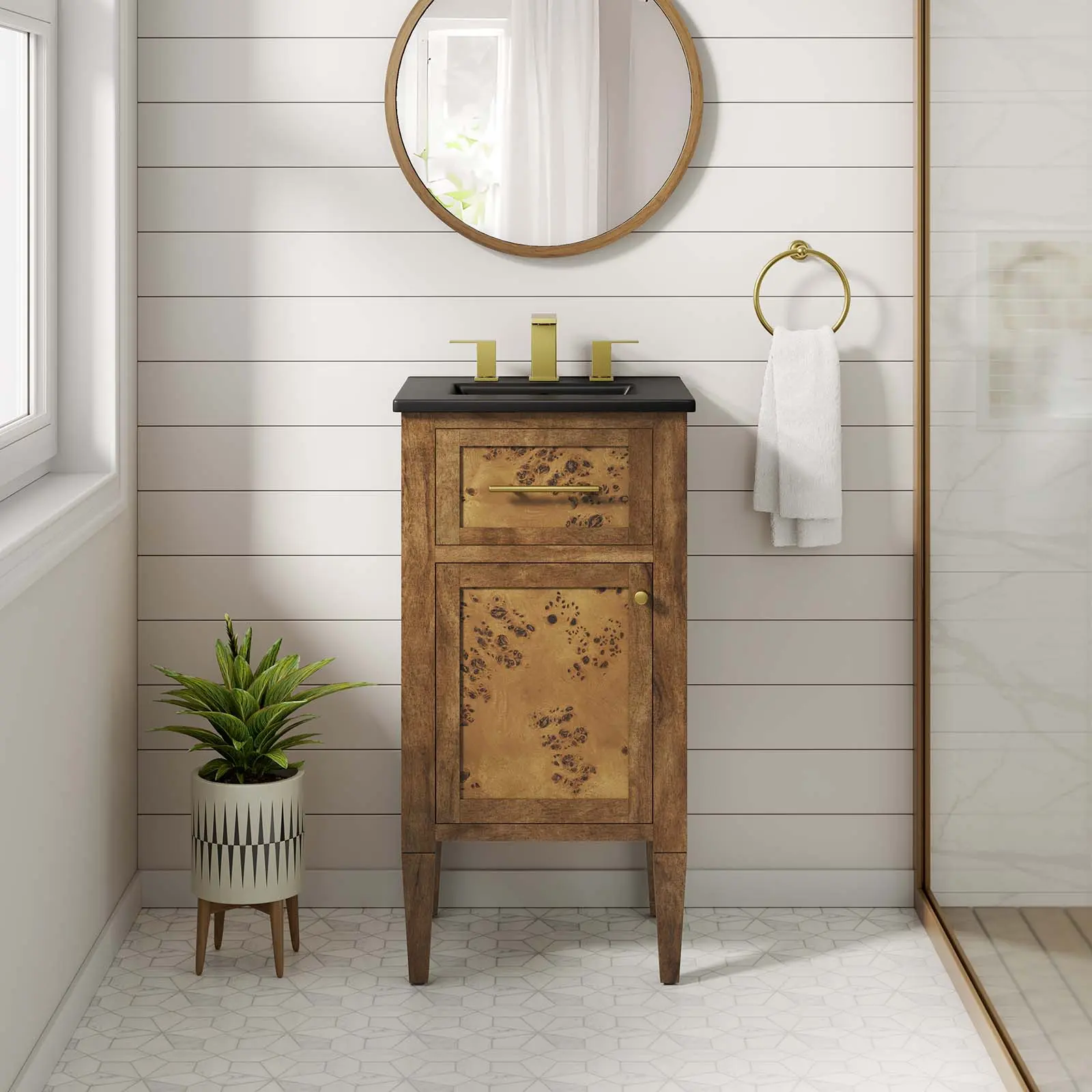 Modway Elysian 18" Wood Bathroom Vanity - Black Brown, Home Indoor Organic Bathroom Fixture with Shelving