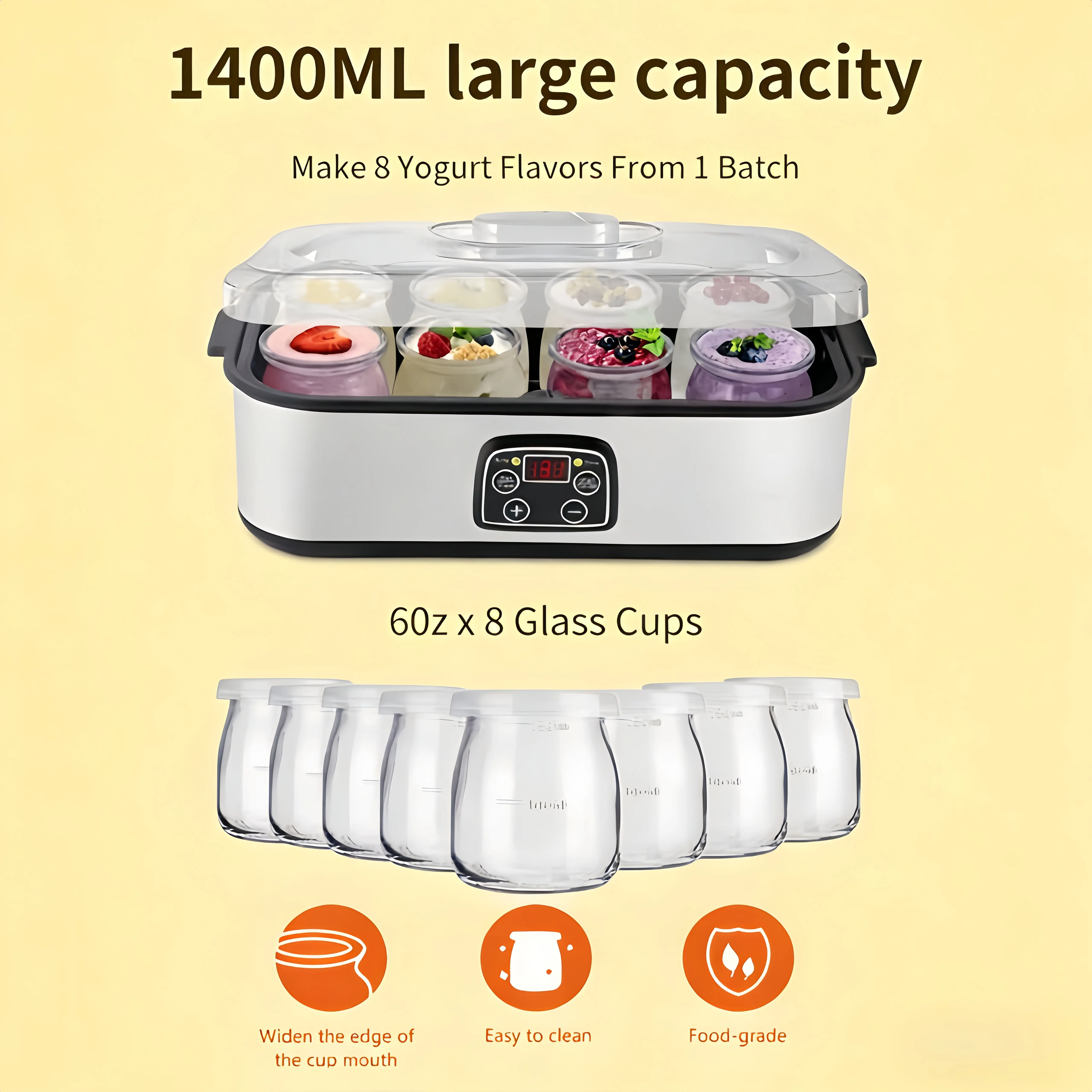 Customizable Yogurt Fermenter with 8 Glass Jars 1400ML Large Capacity Precise Temp & Time Control for Optimal Fermentation