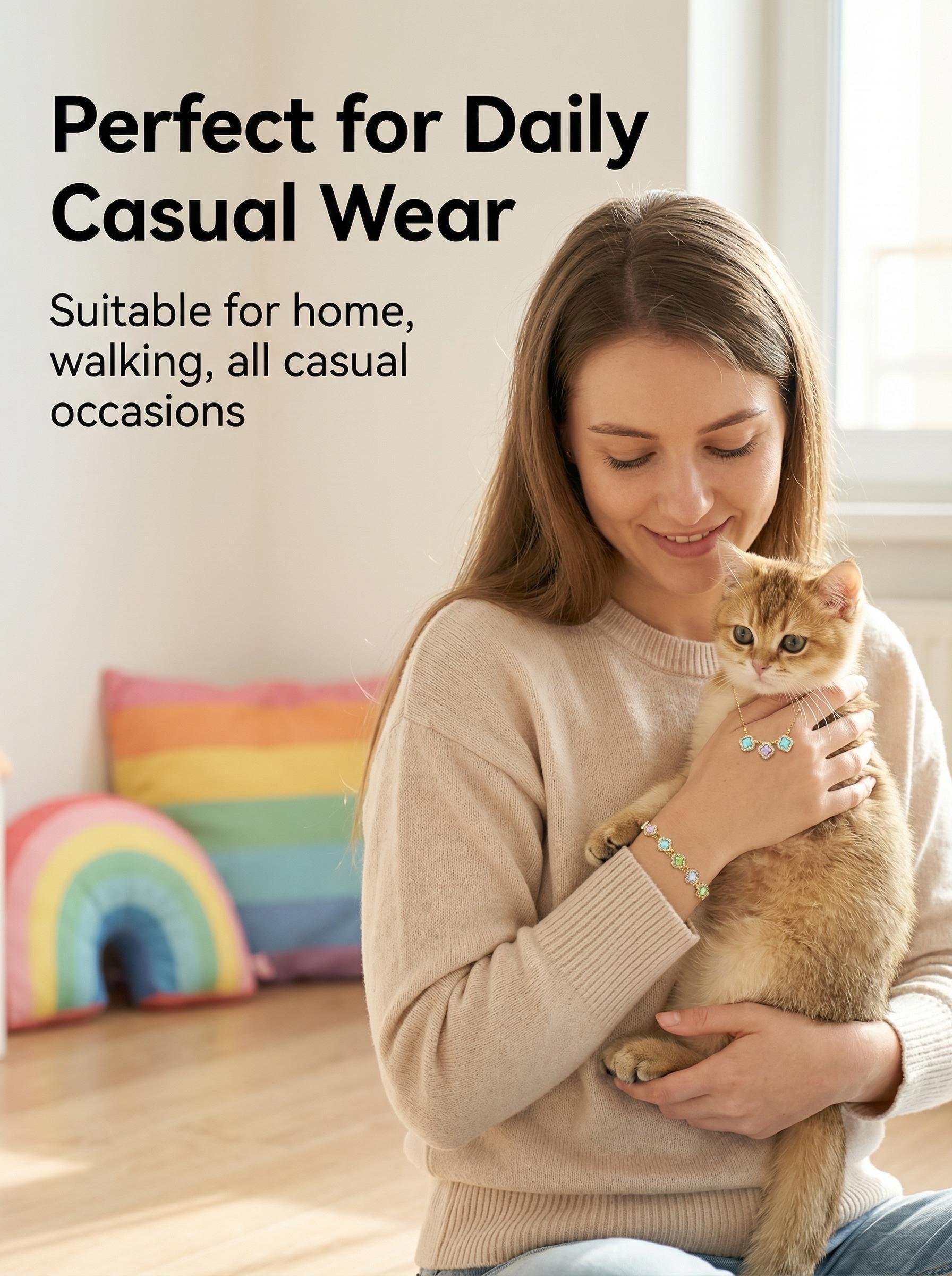 Rainbow& Fluffy Ball Crystal Bracelet Necklace for Human Pet Adjustable Wear