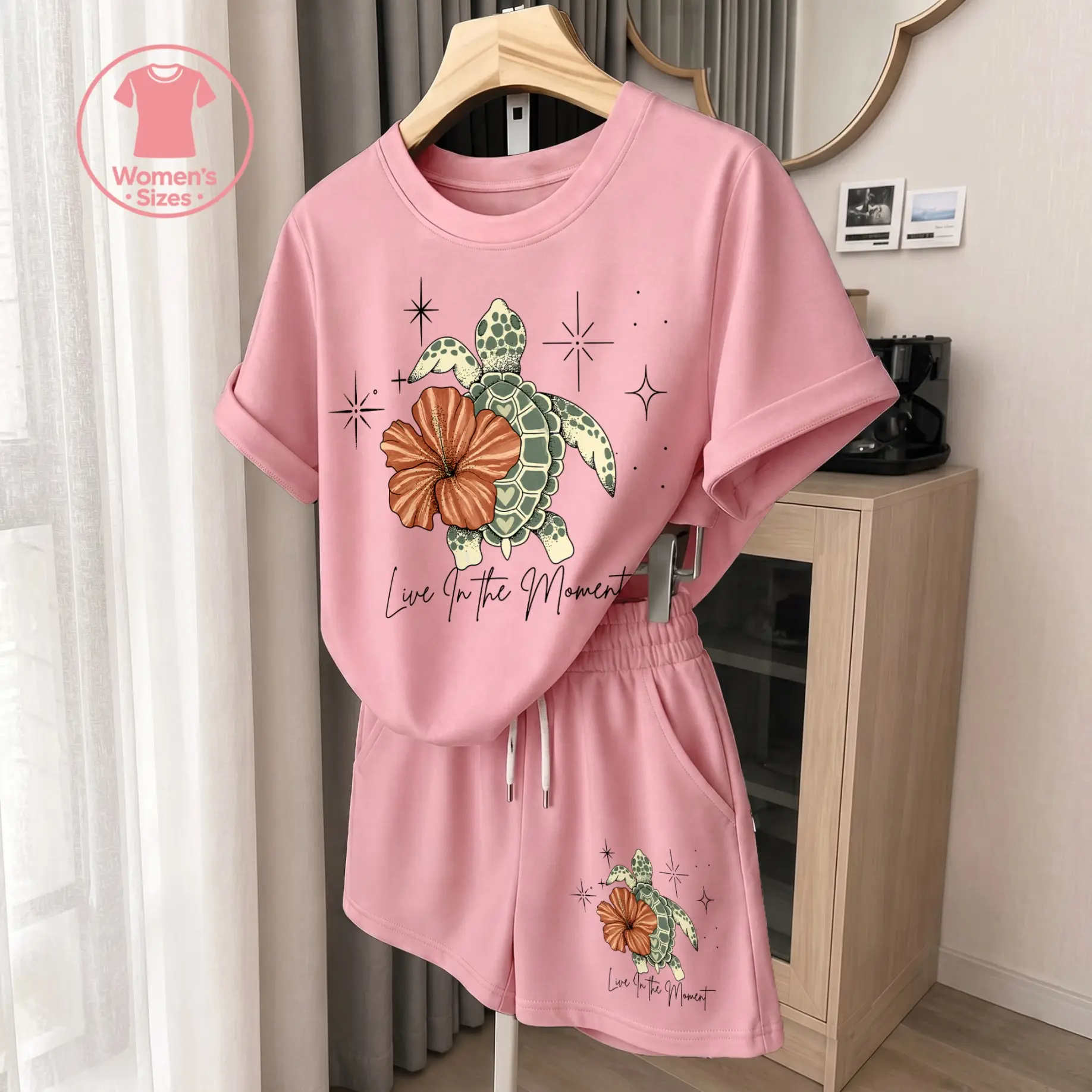 Women's Casual 2-Piece Shorts Set with Minimalist Turtle & Flower Print, Lightweight Loose Fit Crew Neck Top and Elastic Waist Shorts, Women's Casual 2 Piece Sets, Casual Women's Set