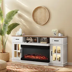 summervibes Karlhome Fireplace TV Stand up to 80'' TVs, 3-Sided Glass Entertainment Center with Electric Fireplace Heater & Glass Doors and Drawers, Fireplace Media Console Table with LED Light, Living Room