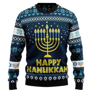 Happy Hanukkah Menorah Ugly Christmas Sweater, Jewish Holiday Festival Pullover for Men & Women