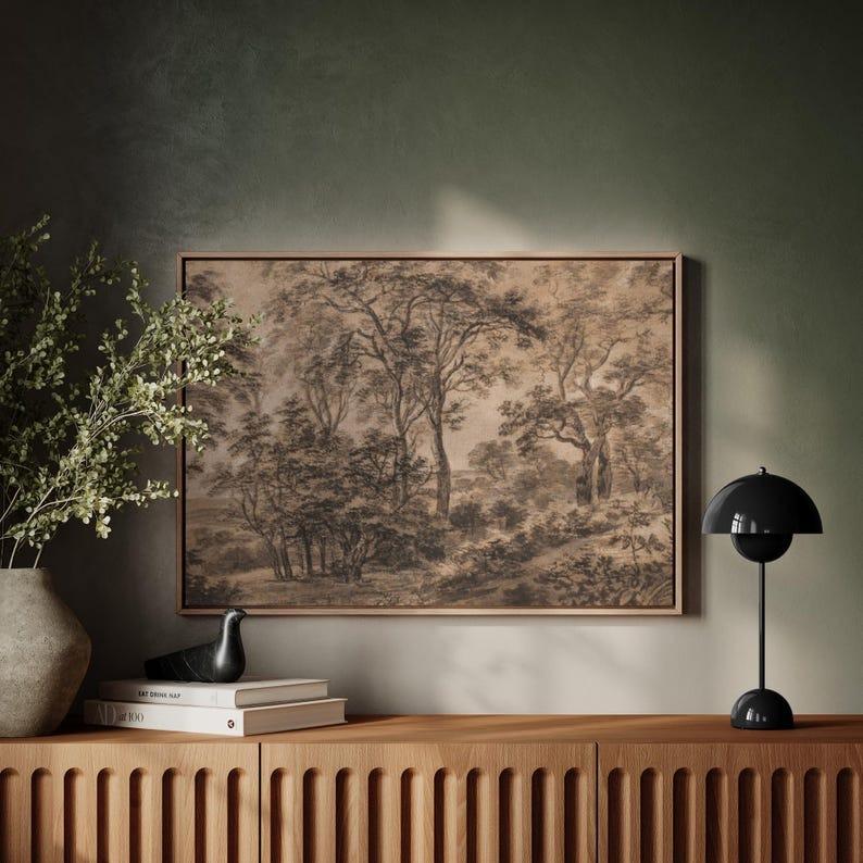 [SALE UP TO 50%] Antique Moody Charcoal Landscape Printable  Brown Landscape Painting Print Watercolour Brown Dark Wall Art Vintage Woods Sketch Woodland