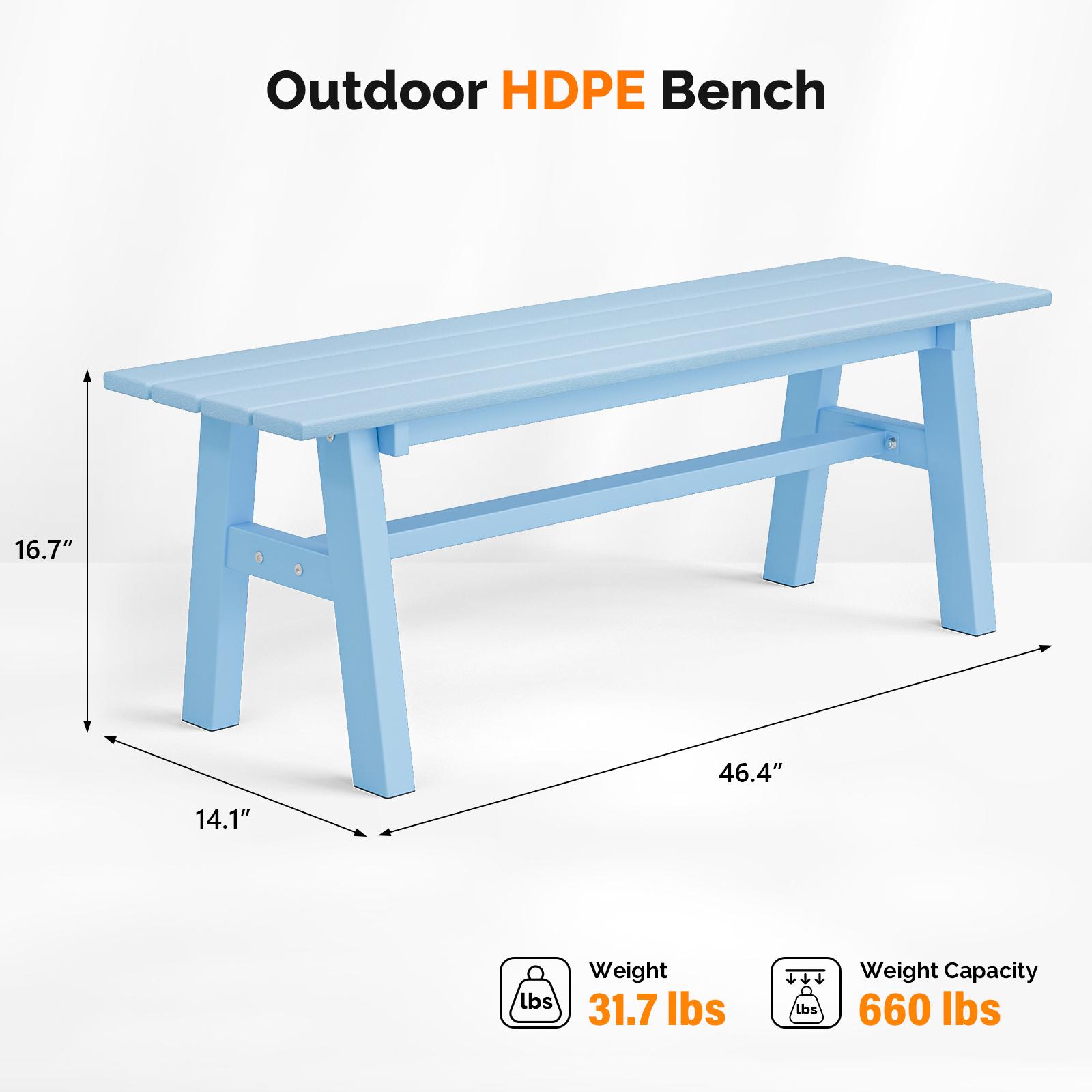 47” Outdoor Bench HDPE Patio Garden Bench w/Metal Legs, Poly Lumber Outdoor Backless Bench, 660 LBS Capacity (Blue)