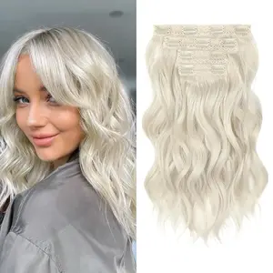 Clip in Hair Extensions - 4PCS 14" Short Beach Wavy Hairpieces - Invisible Lace Weft - Natural Soft - Platinum Blonde