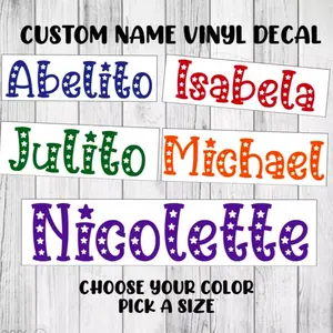 Custom Name Decal | Personalized Cursive Lettering Stars Sticker | Organiser, Bottles, Cups, Canister, Tin, Laptop, Luggage, Car, Truck, Window, Wall