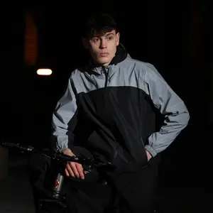 New Reflective Colorblock Windbreaker Jacket Black Gray Hooded Streetwear Coat Waterproof Casual Outwear