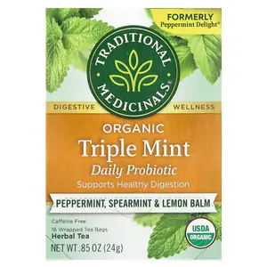 Traditional Medicinals Organic Herbal Tea, Triple Mint Daily Probiotic, Peppermint, Spearmint & Lemon Balm, Caffeine Free, 16 Wrapped Tea Bags, 0.85 oz (24 g)