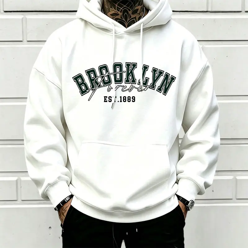 BROOKLYN FOREVER EST.1889 Curved Color-Block Hollow Letter Hoodie Sweatshirt - Menswear Tops, Unisex Oversized American Vintage Varsity Long Sleeve Relaxed Fit Hoodie [Runs small-order one size up]