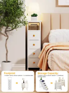 Tall White Nightstand with Built-in Charging Station, 4 Fabric Drawers, Gold Handles, Slim Metal Frame Storage Tower with Removable Bins and Top Shelf for Bedroom Small Spaces