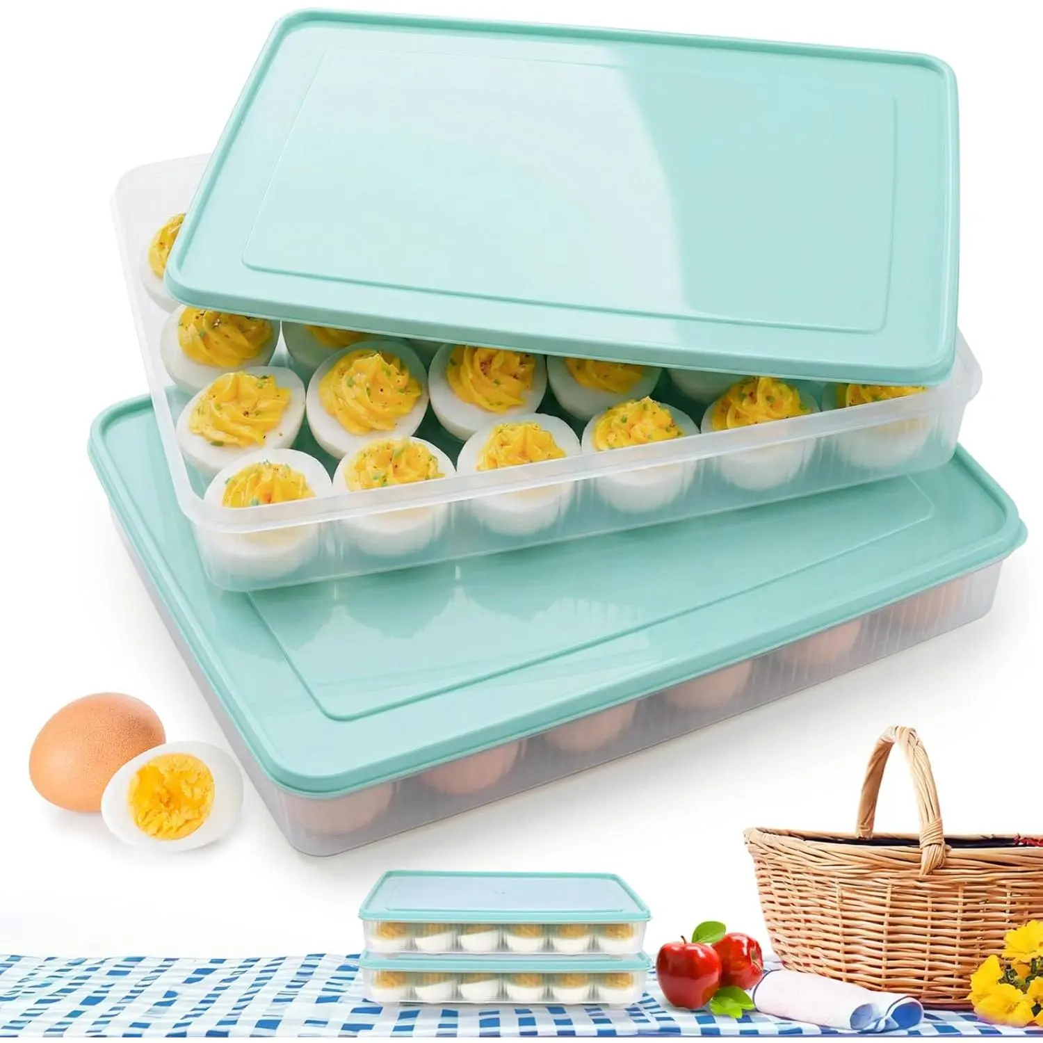 Deviled Egg Containers with Lids (2pcs, 12" x 8.5" x 4.2"), 48-Hole Stackable Fridge Storage Trays for Potluck, Picnic & Kitchen Countertop Portability