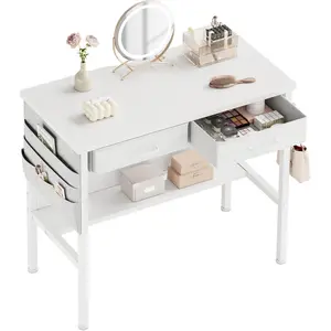 Small Desk with Drawers for Bedroom, Small Vanity Desk Without Mirror, 31.5inch, Writing Table with Bookshelf, Computer Table with Storage Drawers, Vanity Table no Mirror, White