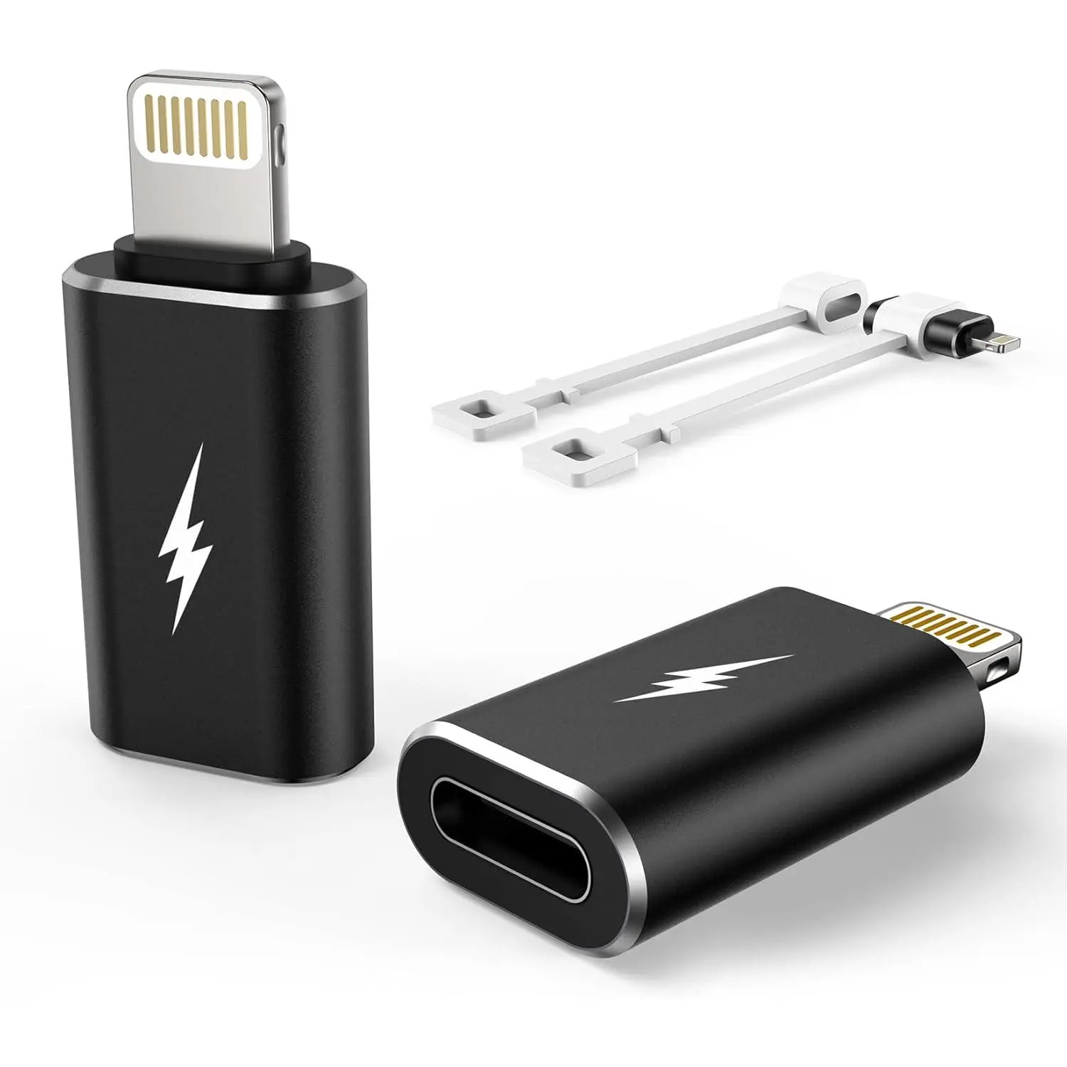 2-Pack Aluminium Alloy USB-C to Lightning Female-to-Male Adapter - 2.2A Charging & Data Sync for Cellphone iPhone 14/13/12/11/Xs/SE, iPad, iPod, AirPods - Anti-Lost Black Shell, Holder, Port - Not for Audio Headphones/OTG Android Devices