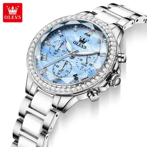 【Mother’s Day Gifts】OLEVS Women’s Diamond Watch, Waterproof Ceramic Multifunctional Luminous Quartz,Stainless Steel Strap,Day Date Window