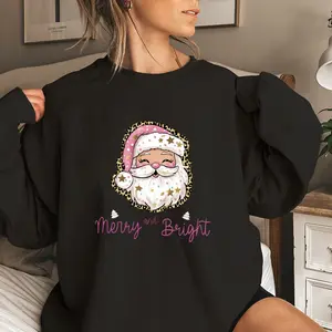 Pink Santa Retro Christmas Women's Sweatshirt Casual Print Long Sleeve Round Neck Pullover for Daily Wear, Ladies Clothing Fall & Winter Fashion Unisex Sweatshirts