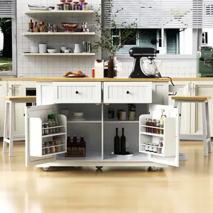 48inch Large Kitchen Island with 2 Bar Stools, Power Outlet, Door Internal Storage Rack, Kitchen Storage Cart on 5 Wheels with Drop Leaf, 5 Open Side Racks, 2 Drawers,White (Three Packages)