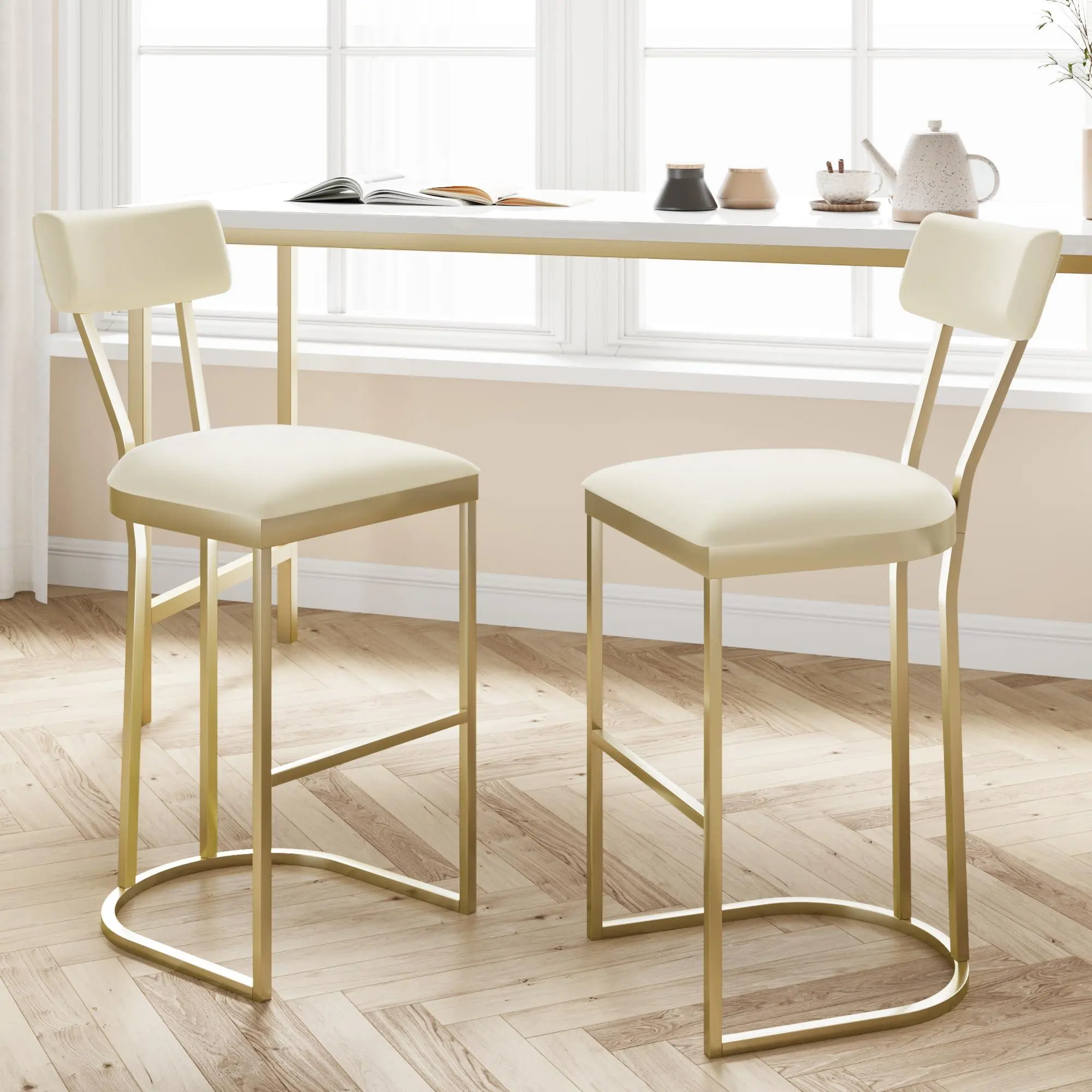 Gaomon Counter Height Barstools Set of 2, Armless Legged Chairs with Upholstered Seats & Gold Metal Legs, Modern Pub Chairs for Home Bar, Kitchen Breakfast Area, Armless Legged Chair
