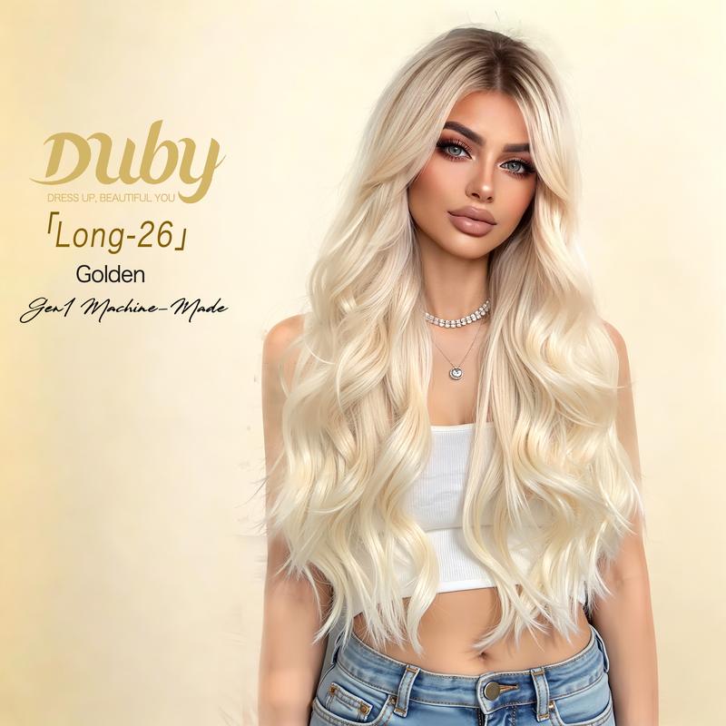 Duby Long-26 Golden Gen1 Glueless Synthetic Full Machine Wig - Wave Pattern, Middle Part, Cool Tone, Natural-Looking Scalp, Long Length, Daily Wear for Women, Heat-Friendly Hair Extension for Stylish Looks