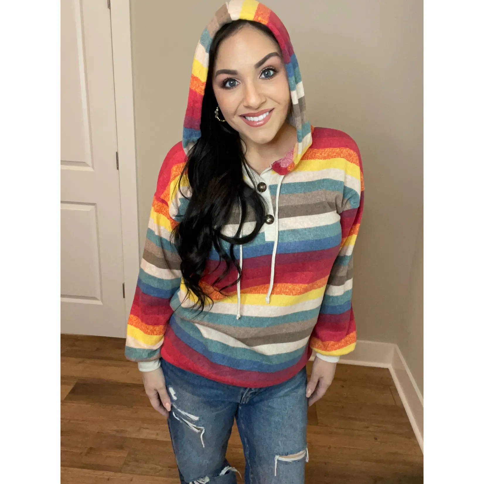 XXL Rainbow Colored Striped Balloon Sleeve Hoodie