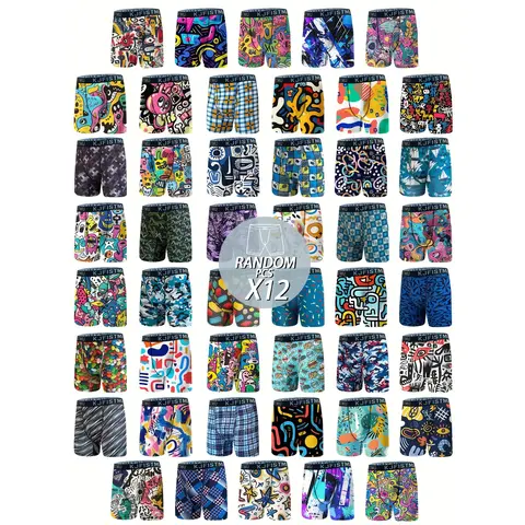 KJFISTMU Mensfashion 12pcs Assorted Color Men's Long Boxers - Graffiti Pattern, High Stretch, Extra Thigh Coverage, Athletic Cycling Shorts, Colorful Fantasy Men's Boxer Briefs, Mixed Color Socks